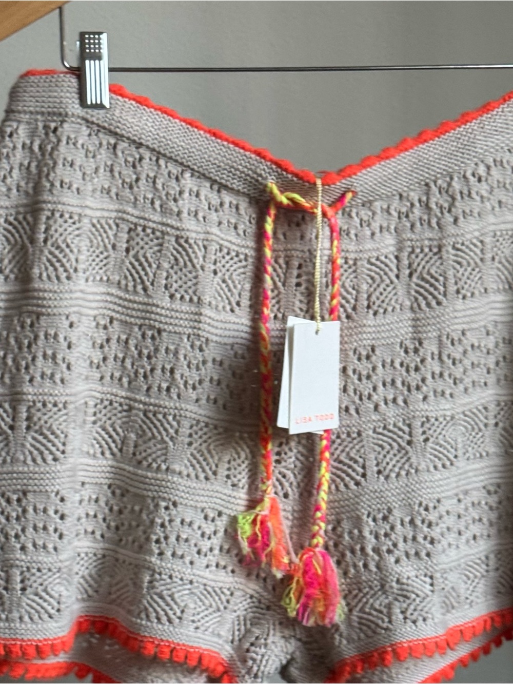 Lisa Todd Beach Please Crochet Swim Cover Shorts Beige/Orange Trim Small NWT